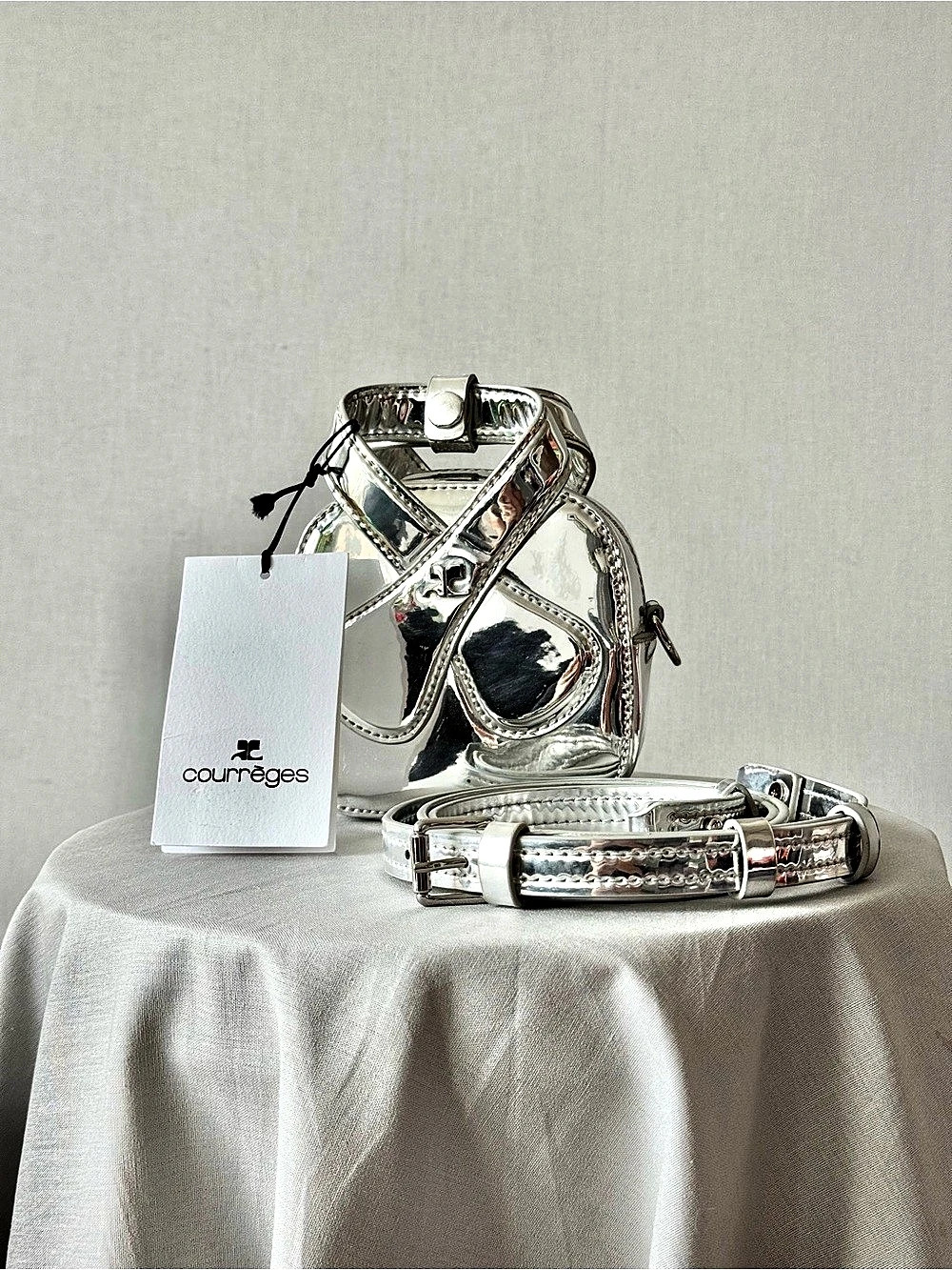 Courrèges Loop Mirror Mini Bag in Metallic Silver with Shoulder Strap - NWT